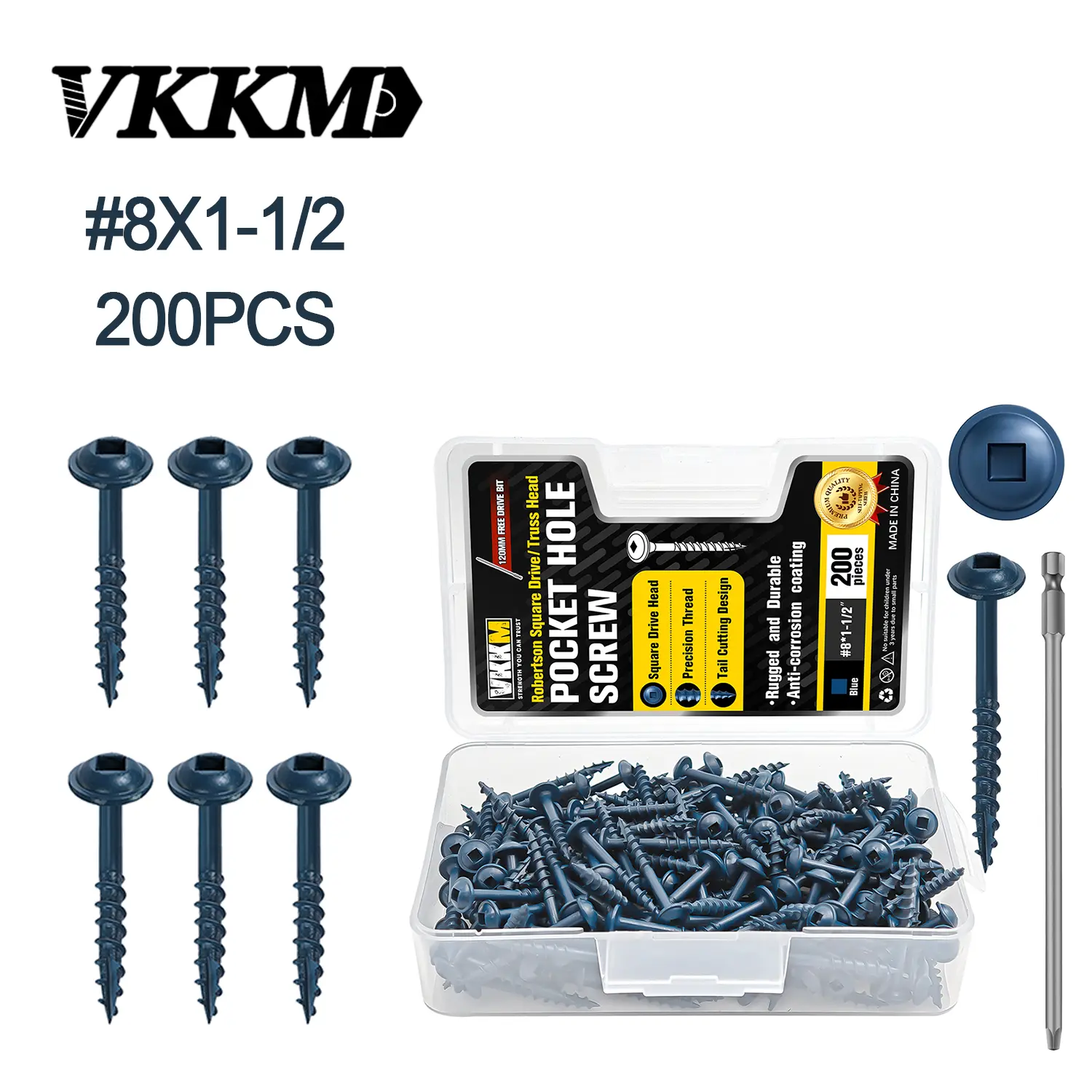 VKKM #8 x 1-1/2 Inch Pocket Hole Screws 200Pcs, Robertson Square Drive Truss Head Wood Screws with Free 120mm Drive Bit, Blue Anti-Corrosion Coated Coarse Thread Self Tapping Screws for Pocket Jig Woodworking Joints