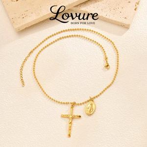 MP Faith Rosary Necklace Virgin Mary Cross Pendant Gold Plated Chain Non Tarnish Accessories Luxury Jewelry for women everyday easter gift gold-plated copper