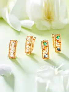 Women's Vintage Rectangular Earrings, Clear Diamonds & Rainbow Gemstones, Elegant Daily Wear Jewelry