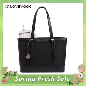 LOVEVOOK Work Tote Bag for Women 15.6 Inch Laptop Computer Bags with Cup Holder, Large Teacher Bag Briefcase for Business Office Travel Black, Nylon&PU SpringStatements