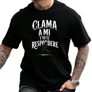 Christian Spanish Bible Scripture T-shirt Jeremiah Book 333-Call to My Father Prayer Design, with letters, light short-sleeved crew neck leisure and fitness wear, comfortable for a, breathable comfort, Black Friday, classic fit