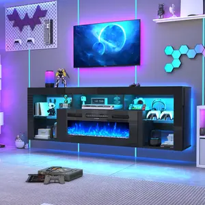 2 Packages Shipping 71" Floating Fireplace TV Stand for up to 85" TVs, Modern High Gloss Entertainment Center with 40" Electric Fireplace, Charging Station & LED Lights, Media Console with Storage, Black/white