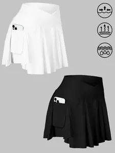 Women's Solid Color V Waist Sports Skirt, Breathable Sweat Absorbing Tennis Skirt, Ladies Sportswear for Summer, Clothing, Skort With Pockets, Casual Sporty Skort, Active Skort Skirt, Breathable Skorts