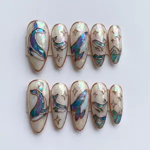 Ocean Whale Crystal Stained Glass Press On Nails, 3D Rose Gold & Iridescent Opal Art, Handmade Luxury Aquarium Jelly Nail, Gifts For Beach