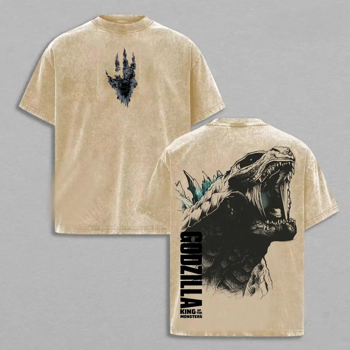 Men's Godzilla Vintage Washed Graphic T-Shirt - Oversized Casual Fashion Cotton Tops, Streetwear Clothes Gift for King of the Monsters Fans, Grunge Album Print Menswear Dad Tee