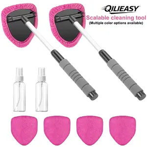 Home Glass Cleaning Tool, Car Windshield Cleaner, Reusable Microfiber Cloths, Extendable Handle, 6 Pads, 2 Rods, Easy to Clean
