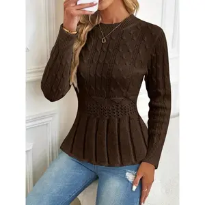Women's Cable Knit Crew Neck Pullover Sweater, Long Sleeve Flowy Lightweight Knitted Top for Fall/Winter, Casual Cozy Stylish Elegant Soft Daily Wear Commute Cute Sweater Top, Women Fall Outfit, Fashion Autumn Knit Top for Women, Winter Sweater