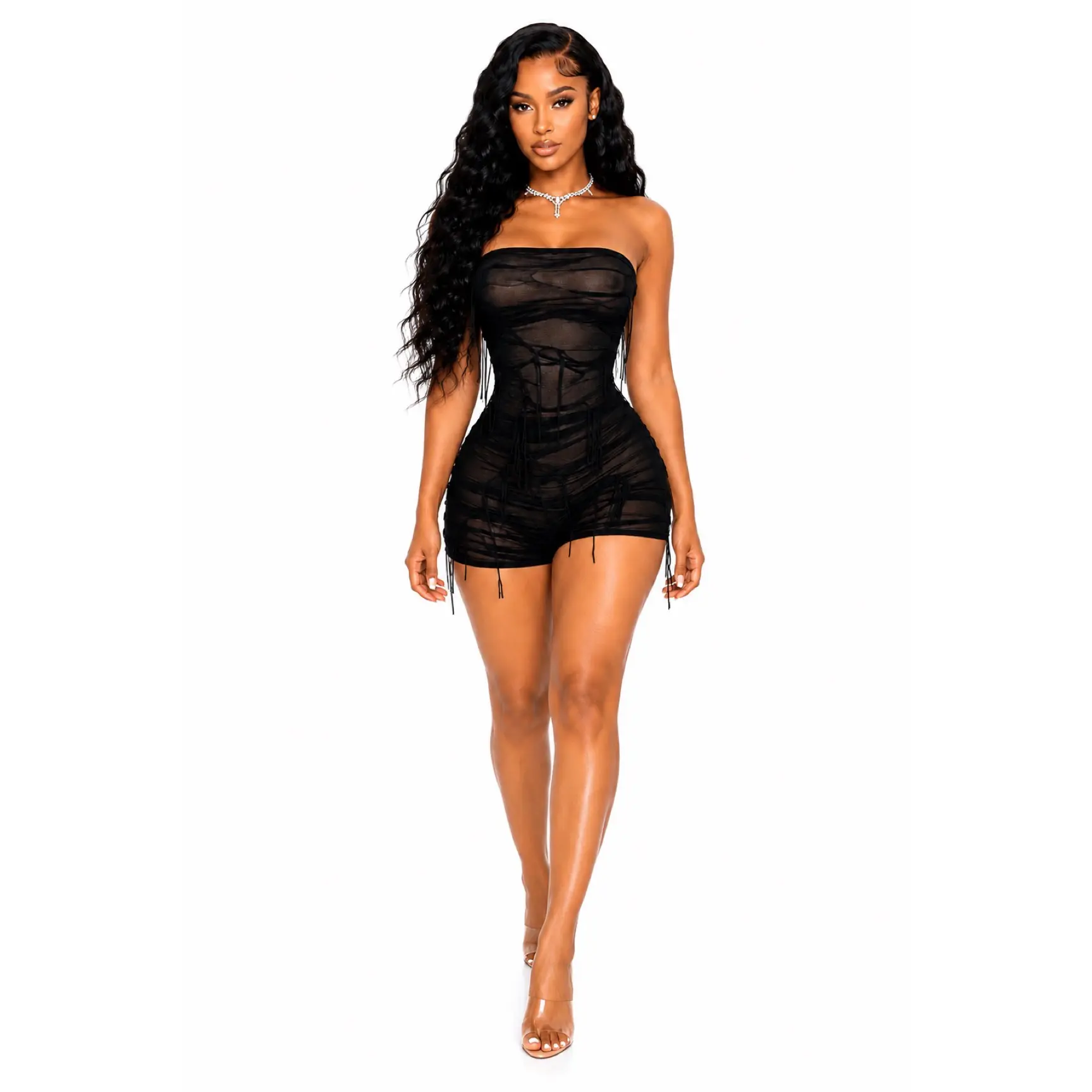 Women's Strapless Stretchy Distressed Short Romper - Smooth Soft Polyester-Spandex Bag-Style Outfit, Sexy Fitted Casual Rompers for Women, Ideal Birthday Party Fit, Fabric, Chic, Evening, Hang Dry, Pull On, Ripped