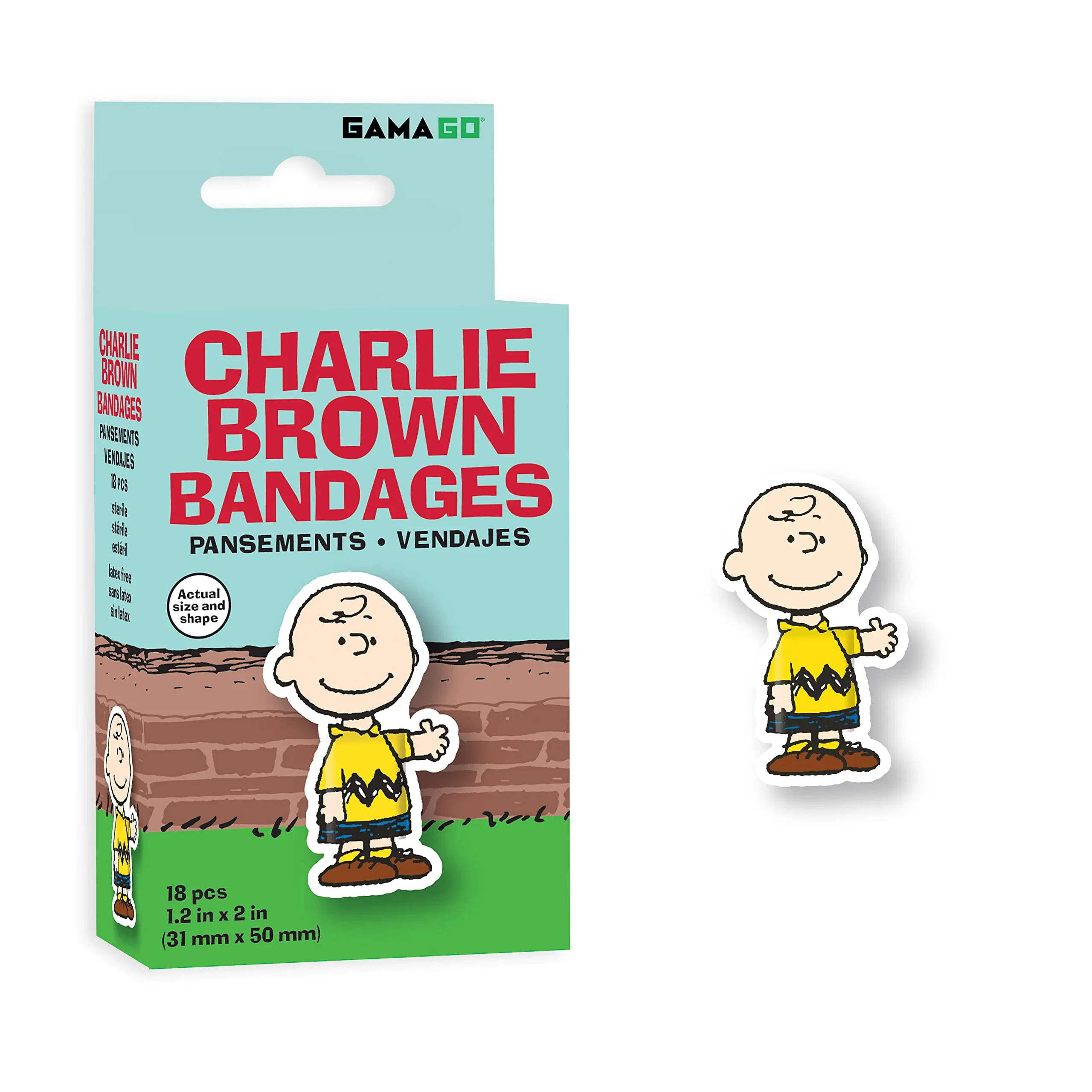 GAMAGO Peanuts Charlie Brown Bandages for Kids & Kidults - Set of 18 Individually Wrapped Self Adhesive Bandages - Sterile, Latex-Free, Easily Removable -Funny Gift & First Aid Addition