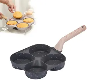 Non-stick Egg Frying Pan, 4 Holes Skillet With Handle, Multifunctional, Wooden Handle Medical Stone Omelet Frying Pan Non-stick Cookware gas stove