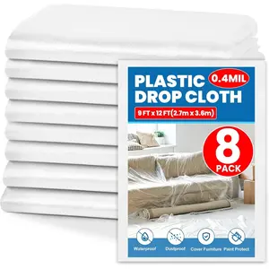 8 Pack Plastic Drop Cloth, 9 x 12 Feet Plastic Sheeting, Painter's Sheeting & Tarps for Painting, Dustproof Painters Plastic Tarp for Furniture Cover