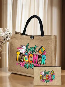 1/2pcs Teacher Alphabet Printed Linen Handbag, Big Bag With Small Bag,Khaki Black Shopping Bag, Women Tote Bags, Casual Bag,Suitable For Commuting, Shopping, And Daily Leisure Use, Suitable For Gifting To Family And Friends, Handcrafted Bag