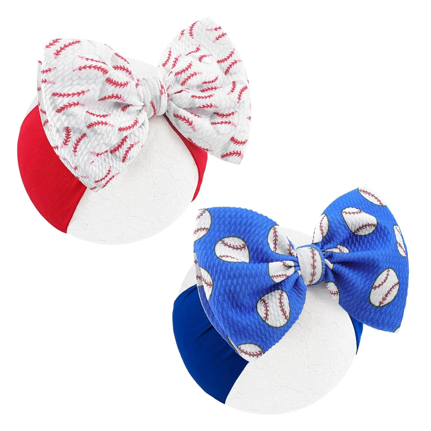 P-HDW011 Plain Classical Baseball Bow Headband - High Stretchy Soft Nylon, Handmade Double-Printed Hairband for Infant Girls - 1 Size Fits All, Game Day Outfits, Casual Daily Use, Independence Day Kids' Hair Accessories (Red, Blue)