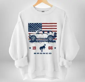 Ford Bronco American Flag Sweatshirt, 1966 Retro Car Pullover for Men and Women, Patriotic American Flag Crewneck, Vintage Off-Road Graphic Sweater, Gift for Bronco Lovers