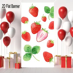 2D flat banner, 1pcWatercolor Red Strawberry Backdrop with Green Leaves, Whole & Sliced Strawberries for Summer Fresh Decor, Vibrant Fruit Arrangement Background for TikTok Contentgalentines party decor, valentine day decor, decorations for valentine