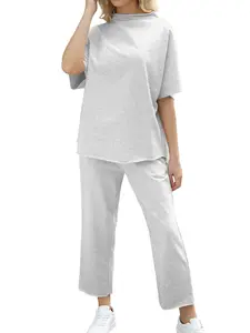 Aswulk Women's Two Piece Outfits Half Batwing Sleeve Capelet Crew Neck Pullover Top Wide Leg Pants Lounge Set