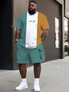 Men's King Letter Print Geometric Summer Set, Short Sleeve Round Neck T-Shirt and Waist Elastic Shorts with Pockets, Plus Size, Menswear