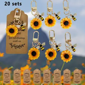 20 Sets Sunflower & Bee Keychain Party Favors with Thank You Cards - Wedding, Birthday, Christmas, Valentine's Day, New Year Party Decorations - Beige & Yellow Bee-Themed Gift Set with Thank You Tags - Durable Resin Sunflower & Bee Charms w
