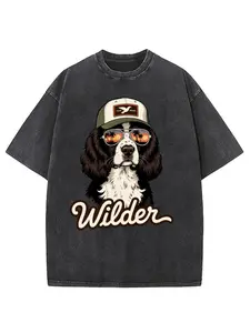 Vintage Style Cocker Spaniel Graphic Tee | Short Sleeve Dark Gray Washed T-Shirt with Playful Dog Design and 'Wilder' Text - Perfect Gift for Dog Lovers, Birthdays, Anniversaries, Casual Wear, Summer Events - Trendy and Unique Fashion for Me