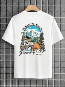 Men's Christian Fishing Graphic Print Long T-Shirt - "Follow Me And I Will Make You Fishers of Men" Matt 4:19 Tee | Religious Christian Apparel for Men | Casual Fishing Bible Verse Tee | Oversized Vintage Outdoor Christian Meme Shirt for Guys, Menswear