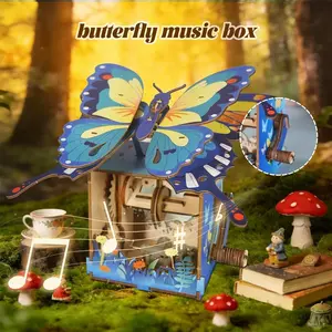 3D Wooden Music Box Puzzle Kit, Butterfly Airplane House Hand-Cranked Melody Box, DIY Assembly Model, Perfect Birthday Gift for Girls