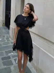 Cut Out Lace Dress Woman Asymmetric Sexy Party Dresses Cape Sleeve Crewneck Women's Evening Dress Slit Luxury Black Brown Dress Satin Prom Gala Dress