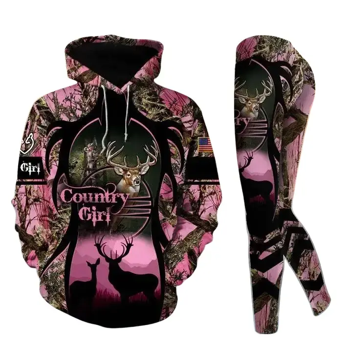 Deerhorn Country Girl Personalized 3D Hoodie & Legging Set – Premium, Hunting Girl Hoodie Leggings, Hoodie Legging 3D For Women, Hoodie 3D Unisex