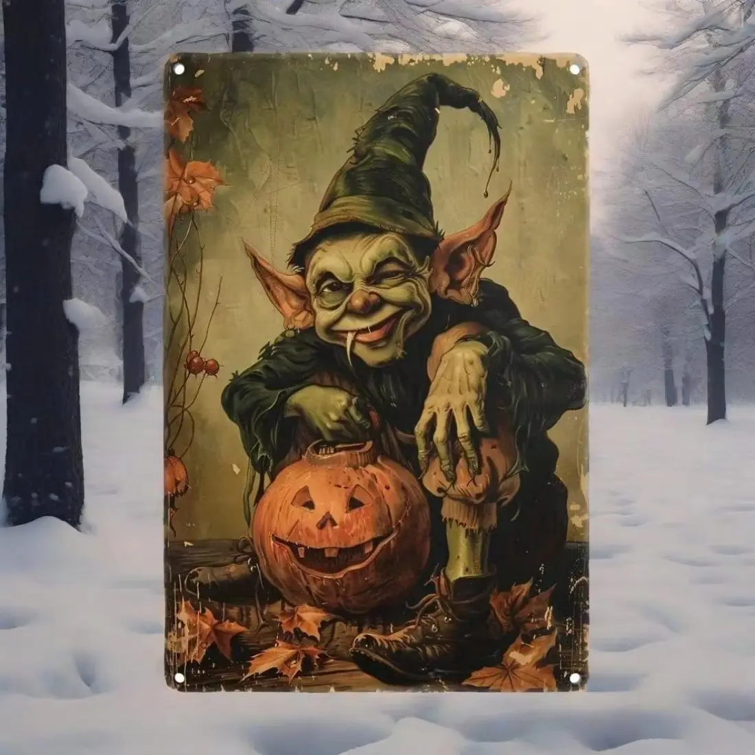 Vintage Halloween Gnome & Pumpkin Iron Sign, Spooky Bedroom Decor Metal Wall Art, Retro Halloween Decoration for Home