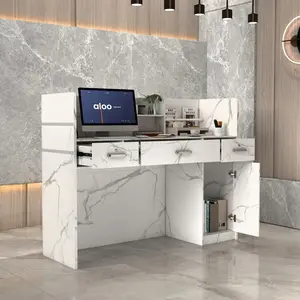 Reception Desk Computer Table Office 3-Drawer Lockable Front Modern Large Counter Work Study Strip Case Wooden Marble School