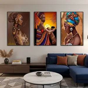 3pcs African Women Art Paintings with Wooden Frame, Living Room Interior Aesthetic Decor, Beautiful Woman Portraits, Wall Art Painting