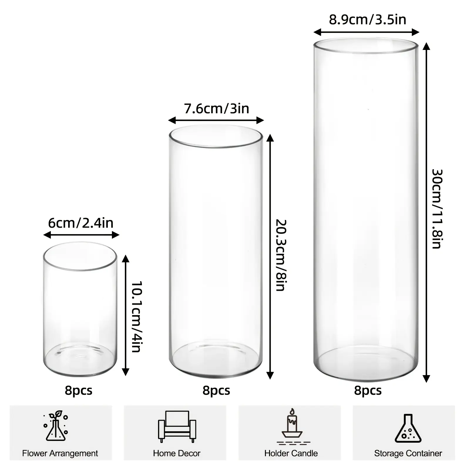 24pcs Clear Glass Cylinder Vases, Transparent Glass Candlestick with 3 Sizes, 4, 8, 11.8 Inch Tall Cylinder Vases, for Party Table Centerpieces, Hurricane Floating Candle Holder Vase for Living Room Home Decor, Floating Candles, Romantic Candle