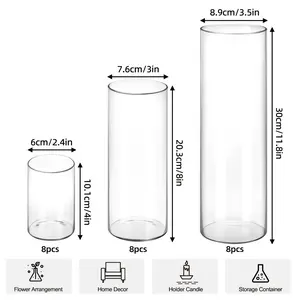 24pcs Clear Glass Cylinder Vases, Transparent Glass Candlestick with 3 Sizes, 4, 8, 11.8 Inch Tall Cylinder Vases, for Party Table Centerpieces, Hurricane Floating Candle Holder Vase for Living Room Home Decor, Floating Candles, Romantic Candle
