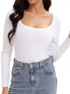 Women's Scoop Neck Long Sleeve Slim Fitted Casual Long Sleeve Shirts Basic Crop Top Trendy Clothes