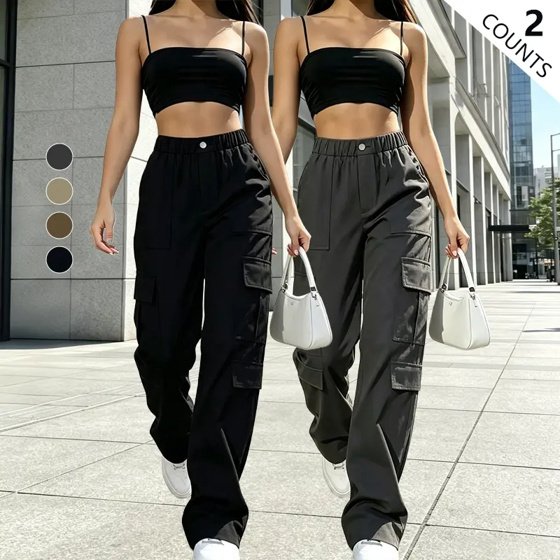 LIFE KEEPS MOVING Women’s Two-Pack Lightweight Cargo Pants with Multiple Pockets, Spring/Autumn Fashion Design, Straight-Leg Casual Long Pants with Drawstring Pockets, Suitable for Outdoor Sports and Everyday Dates