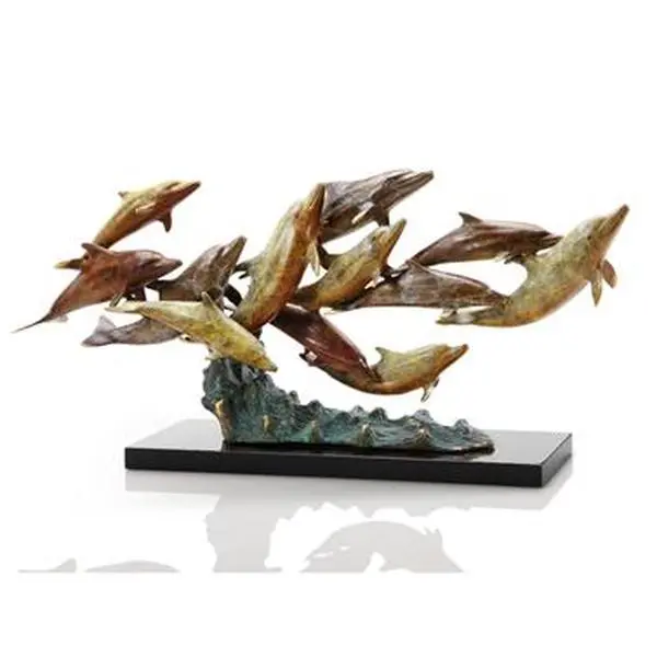 212 MAIN Marble Golden Leaping and Diving Dolphins Sculpture, 5.5 D x 20 W x 9.5 H in, Home Decor Animal Statue with Blue-Green Waves Base
