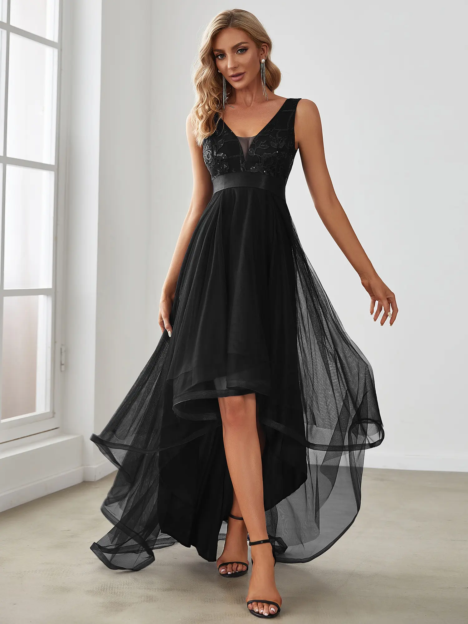 Ever-Pretty Fashion High-Low Deep V Neck Tulle Prom Dresses with Sequin  Appliques 00793 - TikTok Shop