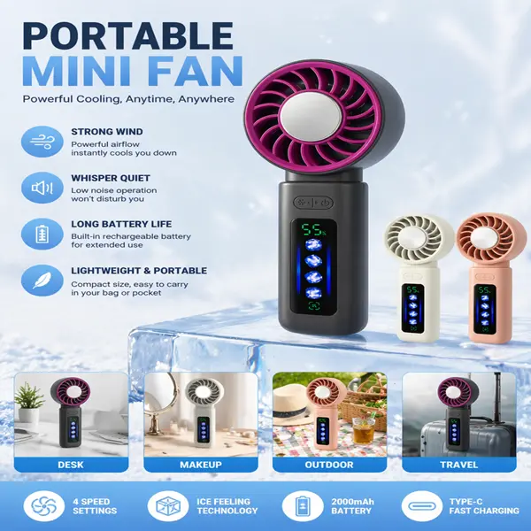 LIETHGVN portable handheld ice pack high-speed fan, adjustable wind speed in 4 levels, foldable, essential for summer travel and vacation, cool outdoor activity fan