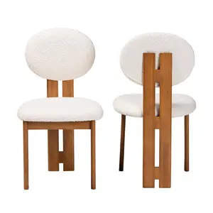 Baxton Studio 2pc Kacela Boucle Fabric and Wood Dining Chair Set Cream/Walnut Brown: Upholstered, Rubberwood Frame