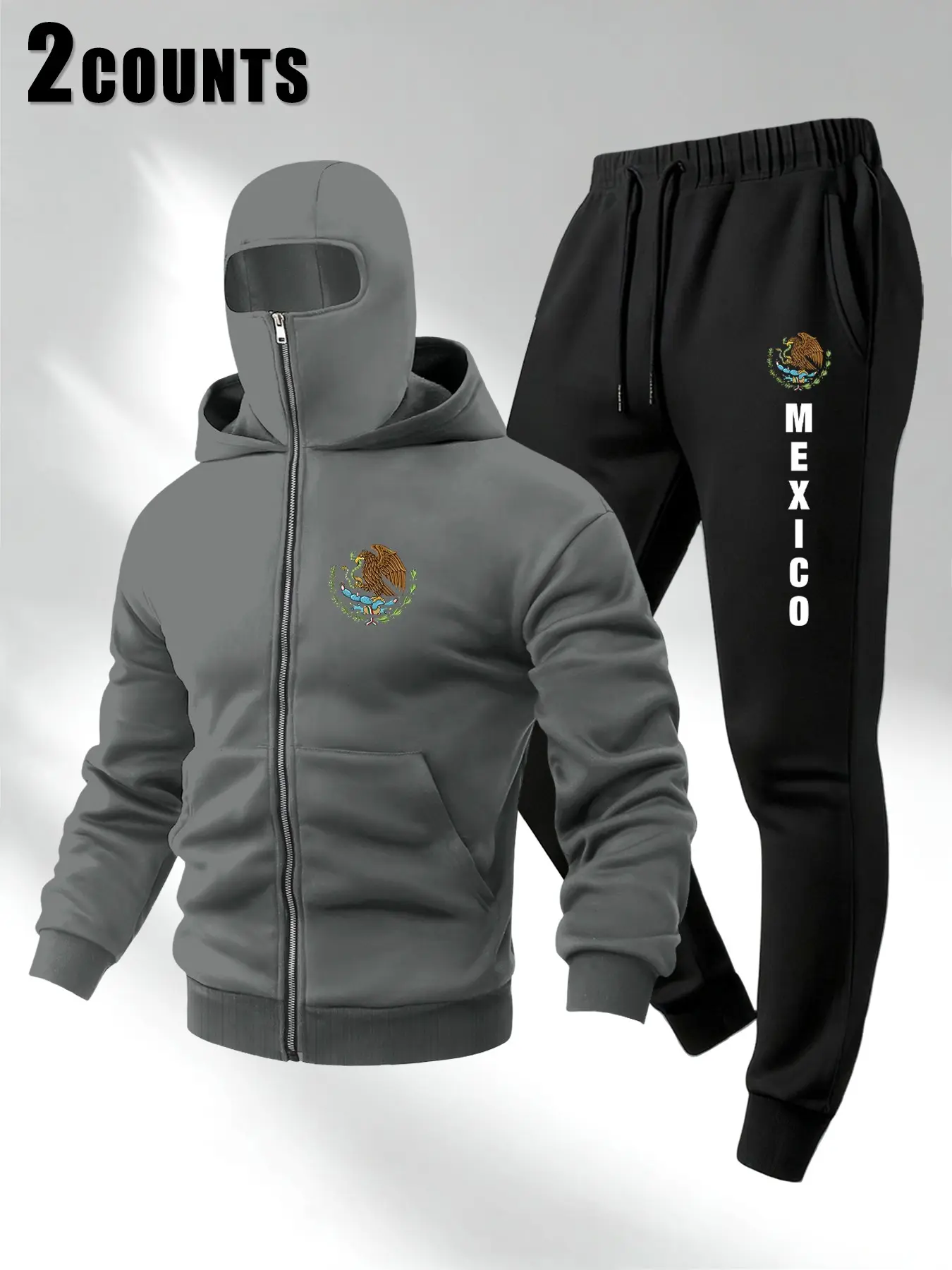 Men's Mexican Flag Eagle Snake Print Sweatshirt Set, Hooded Jacket + Sport Pants 2 Piece, Fall Winter Streetwear Essentials