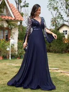 Elegant Chic Long Fitted Evening Dress for Women, Deep V Neck Beaded Sequins Chiffon Formal Wear Gown, Lightweight Breathable Fabric, Perfect for Parties & Events, Garment, Elegant Romantic Dress