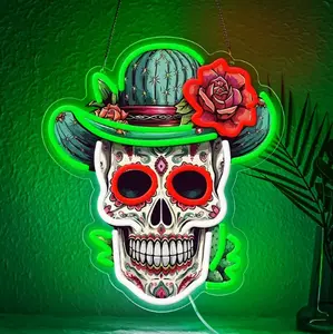 Day of the Dead Sugar Skull LED Neon Sign – Colorful Acrylic Wall Light for Bar, Party, Halloween & Home Decor, USB Powered (36×32 cm / 14×12 in)