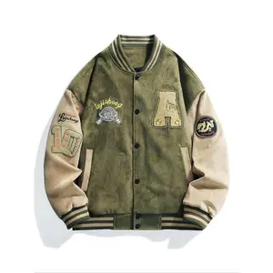 Men's Letter & Number Embroidery Patched Drop Shoulder Varsity Jacket, Regular Fit Casual Colorblock Long Sleeve Button Front Outerwear for Spring & Fall, Fashion Men's Clothes for Daily Wear