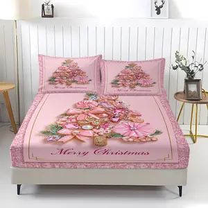 3-piece set of pink Christmas tree gingerbread jewelry patterned bed sheets, including 1 bed sheet and 2 pillowcases, anti slip dust cover suitable for bedrooms, suitable as a Christmas gift Bedsheet