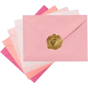 50 Pack Colored A7 Invitation Envelopes 5x7 with Gold Stickers for Cards and Invitations, 5 Colors (Pink, 6 1/2 x 4 3/4 inches)