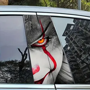 2pcs Clown Design Car Stickers - Durable Vinyl B-Pillar Protectors, Self-Adhesive Horror Clown Decals with Glowing Red Eyes & Menacing Face for Metal/Plastic/Glass/ Surfaces - Single-Use Rectangular Automotive Exterior Accessories, Funny Car Stickers, Veh