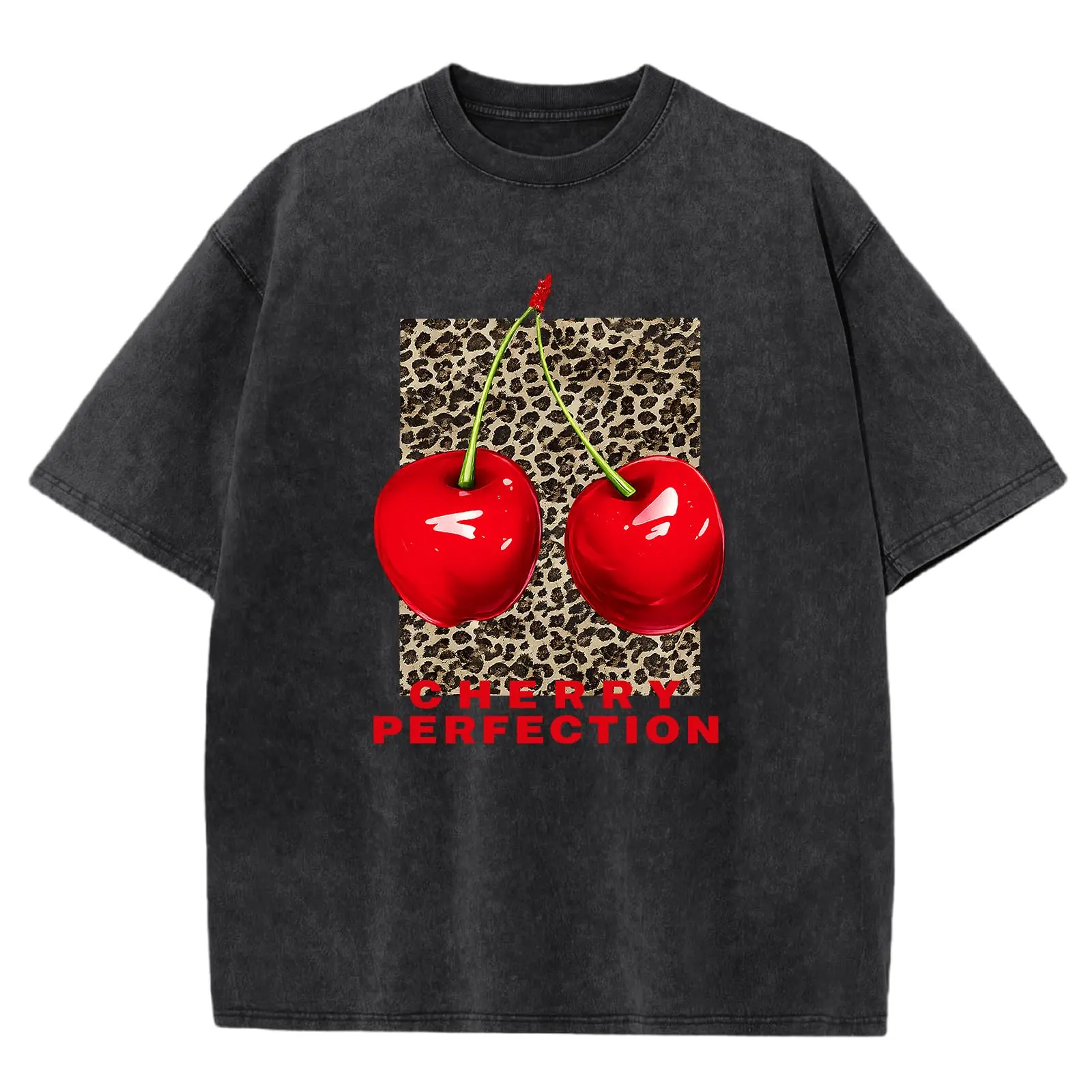 Vintage Acid Wash Oversized Crewneck Tee For Women Trendy Cherry Leopard Graphic Streetwear T-Shirt