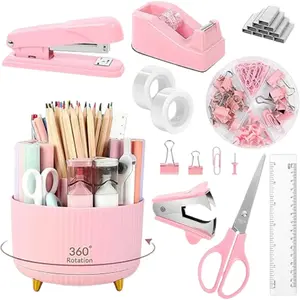 10Pcs Pink Desk Accessories , 360-Degree Rotating Pen Holder, Stapler, Staple Remover, Tape Dispenser,2pcs Tape Refills, Binder Paper Clips Kit, Scissor,Pink Office Supplies