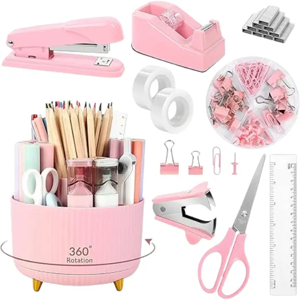 [New Deal] 10Pcs Pink Desk Accessories , 360-Degree Rotating Pen Holder, Stapler, Staple Remover, Tape Dispenser,2pcs Tape Refills, Binder Paper Clips Kit, Scissor,Pink Office Supplies, Office Accessories