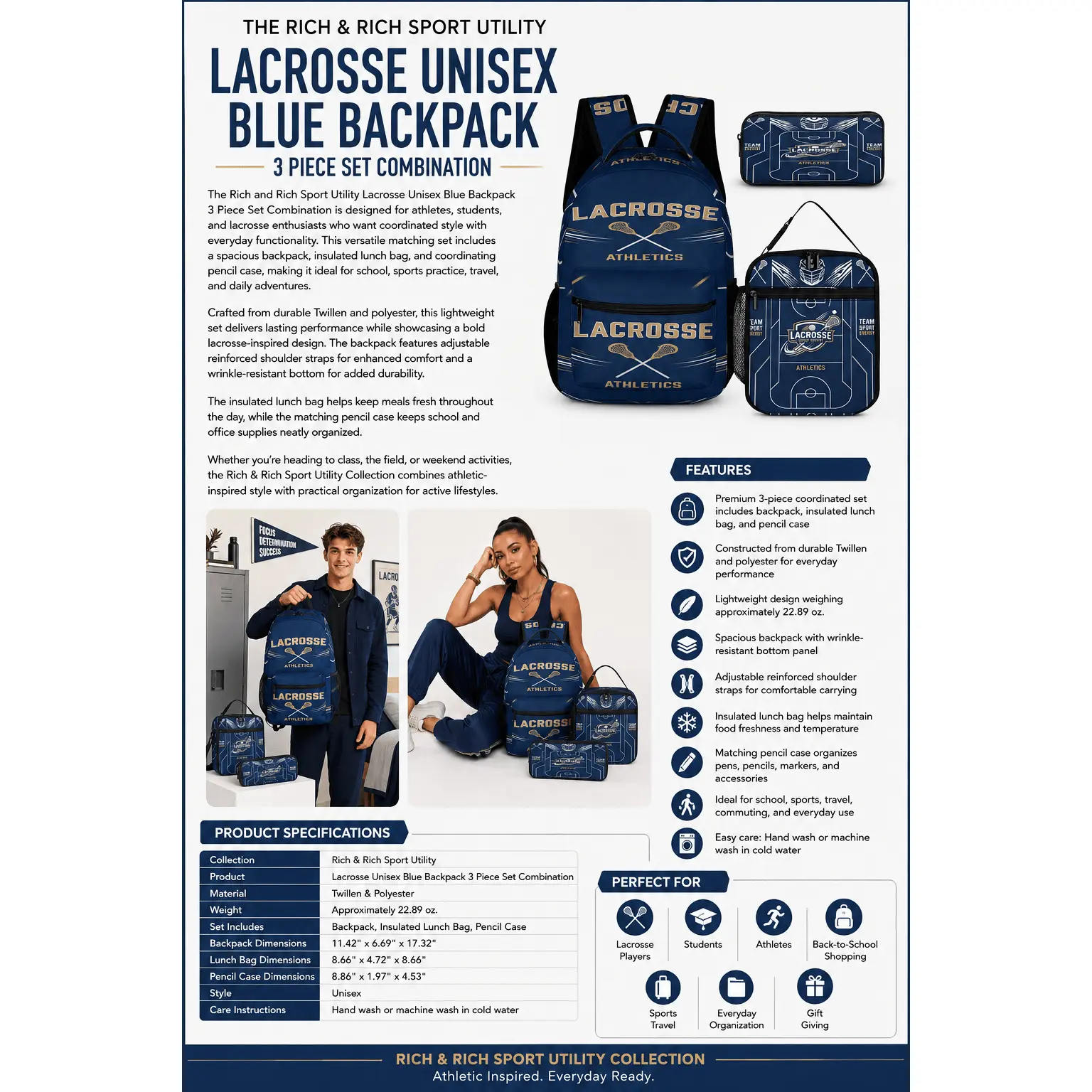 Rich and Rich Sport Utility Lacrosse Unisex Blue Backpack 3 Piece Set Combination