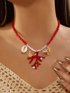 Boho Tropical Island Vacation Style Necklace, Bright Summer Vibes, Rice Beads Coral Shell Pendant, Fashionable Neck Chain